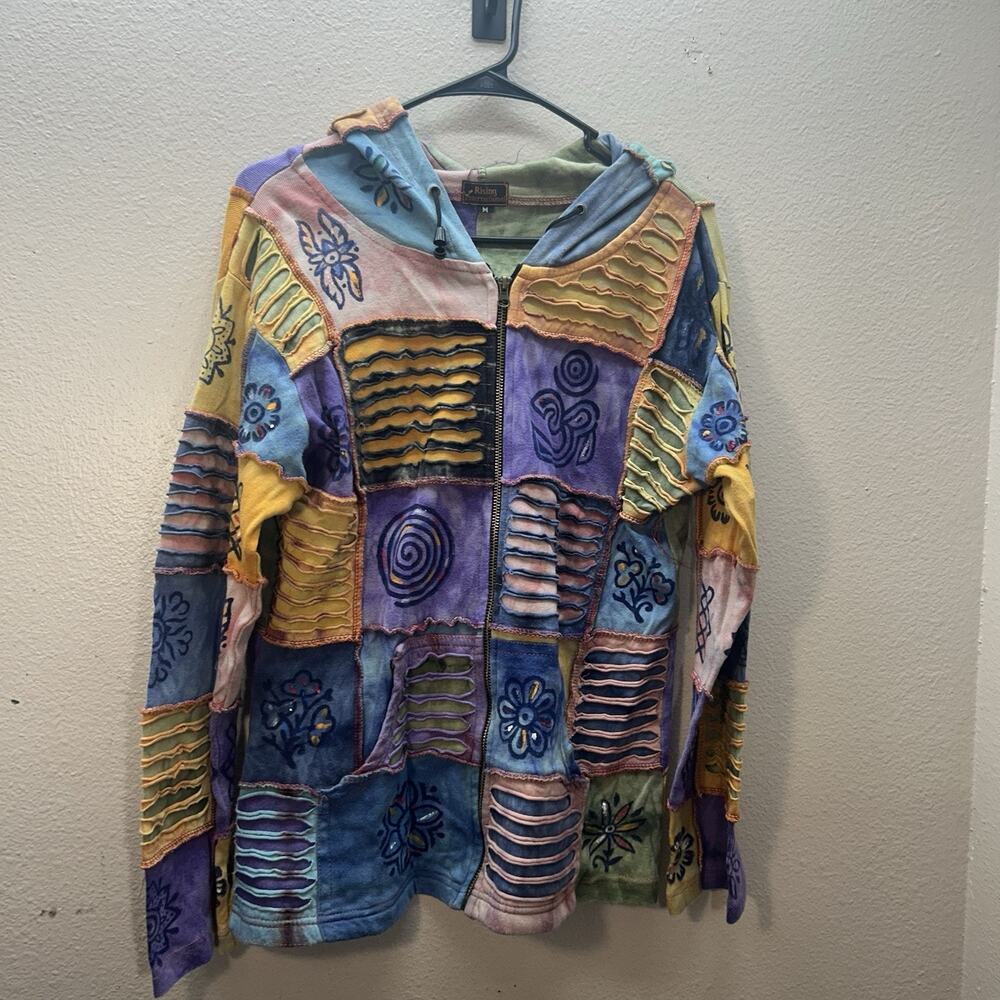 Rising International Patchwork Zip Up Hoodie Hippie Patchwork Boho Sz M‎ Jacket